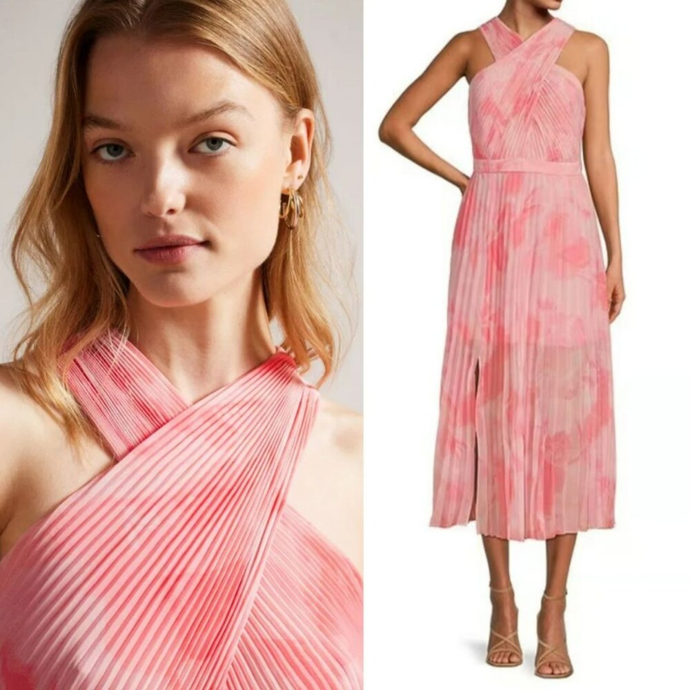 Ted Baker $395 Pink Coral Easter Pastel Crisscross Halter Midi Dress Bridesmaid